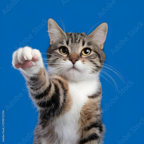 Obraz na płótnie Studio shot of a gray and white striped cat sitting on a blue background, showcasing its natural beauty in a minimalistic and clean composition w salonie
