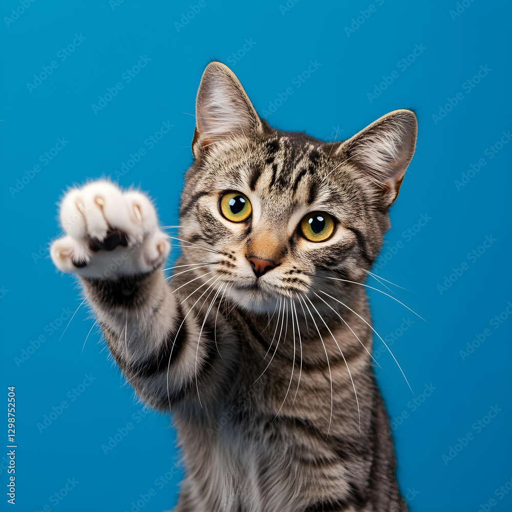 Studio shot of a gray and white striped cat sitting on a blue background, showcasing its natural beauty in a minimalistic and clean composition