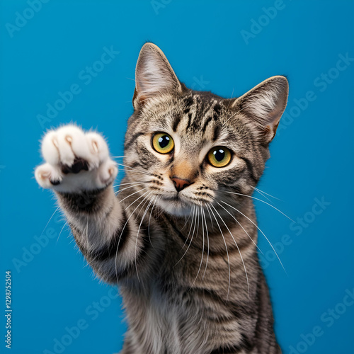 Obraz na płótnie Studio shot of a gray and white striped cat sitting on a blue background, showcasing its natural beauty in a minimalistic and clean composition w salonie
