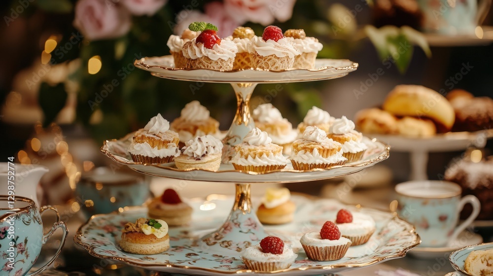 Naklejka premium Rococo Sweets Display. A tiered stand laden with delicate pastries and cupcakes, reflecting Rococo Revival elegance and offering an opulent tea time treat.