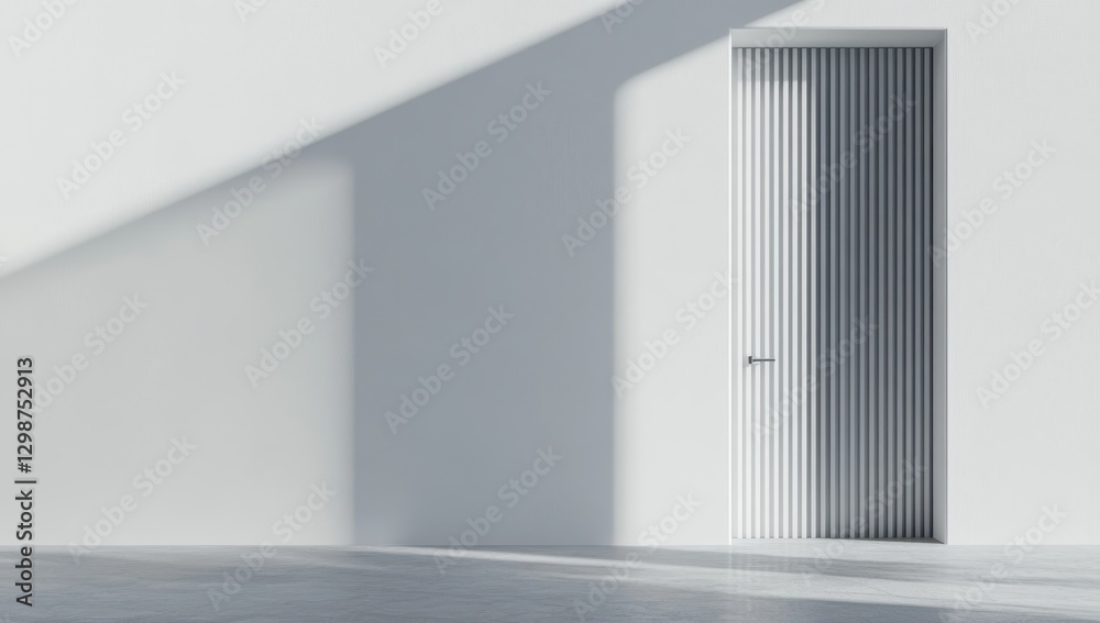 Fototapeta premium Minimalist design of a white door with vertical lines casting shadows in an empty room with soft natural light creating a calm atmosphere