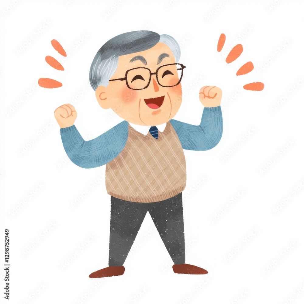 A cheerful elderly man with glasses is celebrating joyfully, wearing a vest and smiling widely with raised hands. A cheerful elderly man with glasses is celebrating joyfully, wearing a vest and smiling widely with raised hands.
