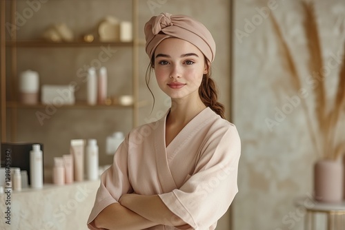 A young, stylish female cosmetologist in a beige or soft pink uniform, standing with crossed arms in front of a minimalist skincare clinic. 