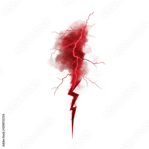 A striking red lightning bolt surrounded by swirling clouds, depicting a dynamic and powerful natural phenomenon. isolated on white background.