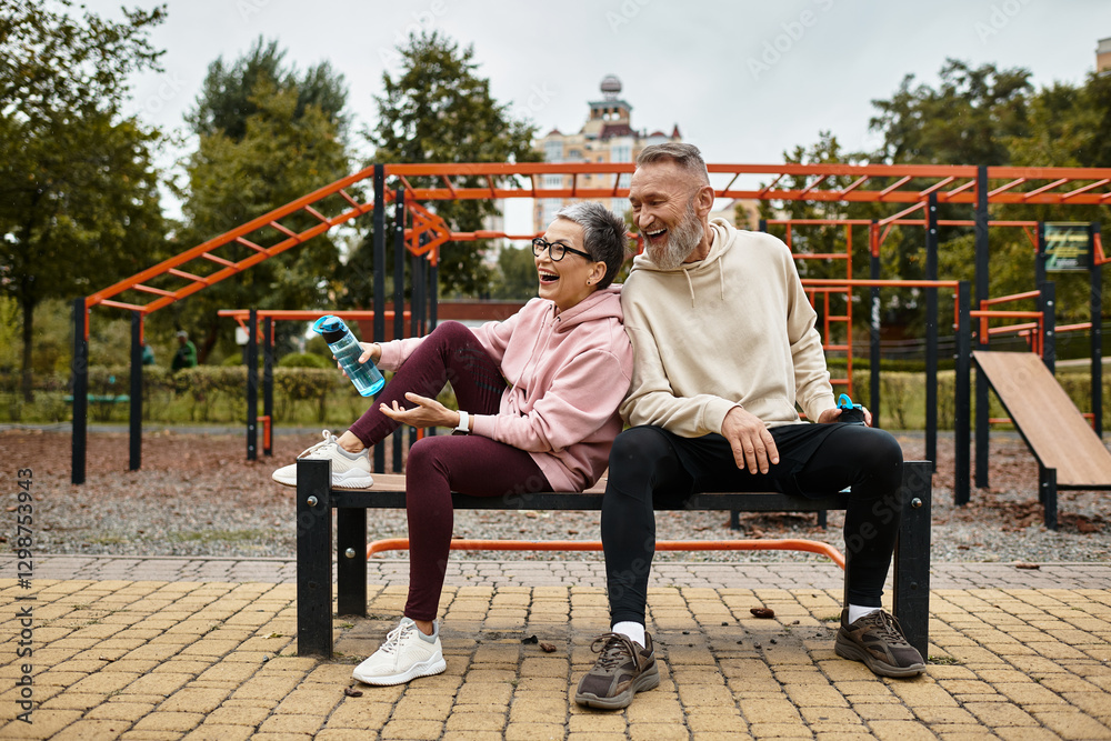 Obraz premium Mature couple enjoys playful laughter together in a park during a sunny afternoon
