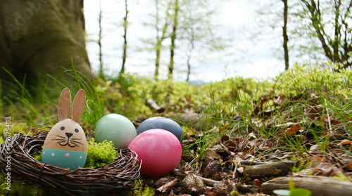 Osternest mit Holzhäschen und bunt gefärbten Eiern im Wald