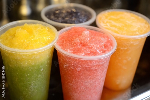 Vasos de diferentes sabores de raspado en coloridos recipientes, listos para disfrutar en un día caluroso.