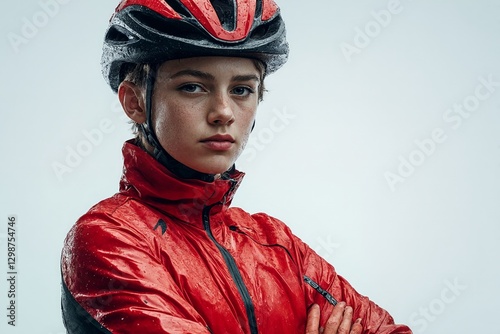 Un joven ciclista en una chaqueta roja, mirando intensamente mientras la lluvia cae sobre él. photo