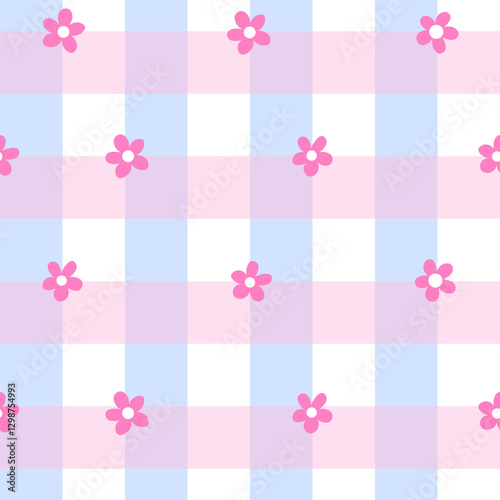 Cute Pastel Gingham Checkered Seamless Pattern with Pink Flowers for Soft and Playful Designs, Pastel gingham check pattern with cute pink flowers

