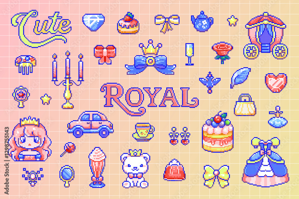 Fototapeta premium Royal Pixel Art Designs and Patterns with Cartoon Princess Elements and Cute 8 Bit Retro Pastel Aesthetic, Cute pixel art princess and royal icons collection 