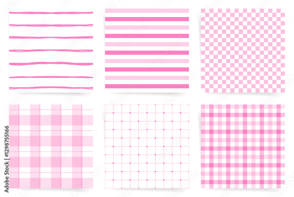 Minimalist Pink Stripes, Gingham, and Grid Seamless Pattern Set for Cute and Modern Designs, Pink stripes and checks pattern tiles set
