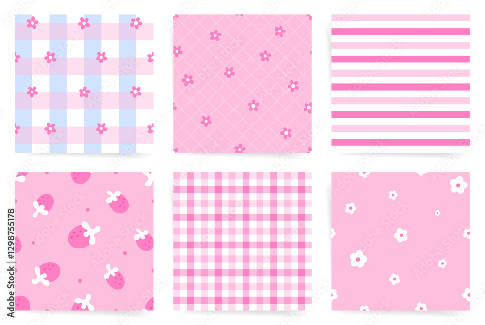 Charming Pink Floral, Gingham, and Strawberry Seamless Pattern Set for Cute and Playful Designs, Adorable pastel pink patterns collection with flowers, gingham, stripes, and strawberries.
Charming Pink Floral, Gingham, and Strawberry Seamless Pattern Set for Cute and Playful Designs, Adorable pastel pink patterns collection with flowers, gingham, stripes, and strawberries.
