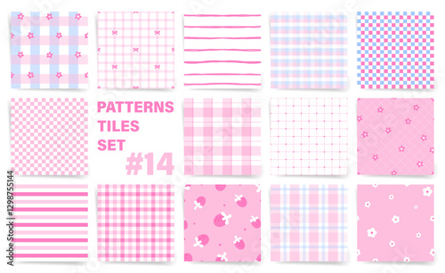 Cute pink patterns tiles set with checks, bows, stripes, and flowers. Cute Pink and Pastel Seamless Pattern Set with Gingham, Floral, and Striped Designs