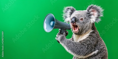 Un koala sostiene un megáfono, luciendo emocionado en un fondo verde brillante. photo