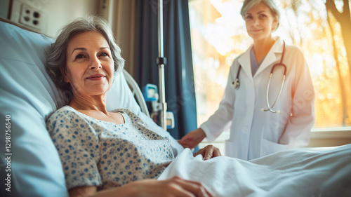Elderly patient in hospital bed with caring doctor