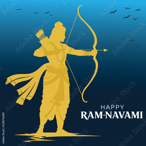 illustration of Lord Rama with bow arrow with English text meaning Happy Ram Navami celebration background for religious holiday of India. Eps10 photo