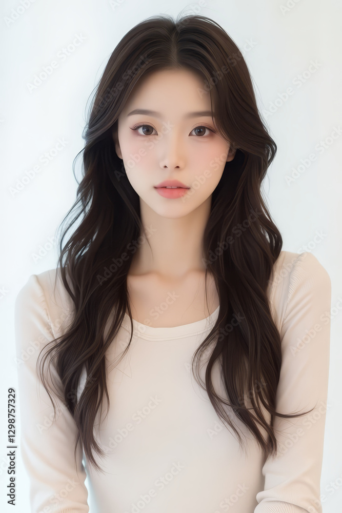 Female Asian Model with Long Hair - Young Beautiful Woman with Wavy Hair - Studio Portrait of Asian Beauty for Fashion, Cosmetic, Skincare - Posing on White Background - Smooth Styled Hair Female Asian Model with Long Hair - Young Beautiful Woman with Wavy Hair - Studio Portrait of Asian Beauty for Fashion, Cosmetic, Skincare - Posing on White Background - Smooth Styled Hair