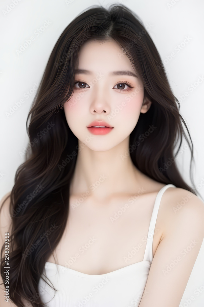 Female Asian Model with Long Hair - Young Beautiful Woman with Wavy Hair - Studio Portrait of Asian Beauty for Fashion, Cosmetic, Skincare - Posing on White Background - Smooth Styled Hair Female Asian Model with Long Hair - Young Beautiful Woman with Wavy Hair - Studio Portrait of Asian Beauty for Fashion, Cosmetic, Skincare - Posing on White Background - Smooth Styled Hair