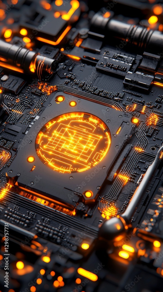 Fototapeta premium Futuristic Circuit Board with Glow Tech Lab Digital Artwork High-Tech Environment Macro View Innovation Concept