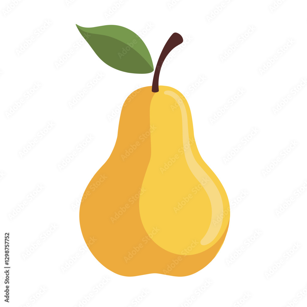 A charming flat vector illustration of a yellow pear with a green leaf and brown stem radiating a fresh and simplistic aesthetic
