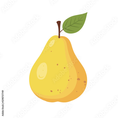 A vibrant and cute fruit illustration features a yellow pear with a green leaf rendered in a simple flat vector style on a