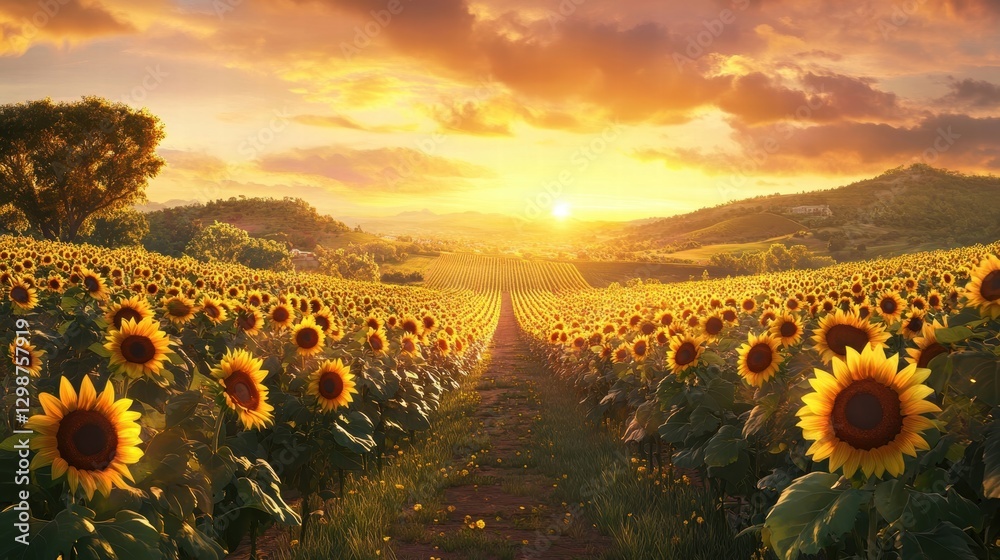 Fototapeta premium sunflowers at sunset tuscan landscape