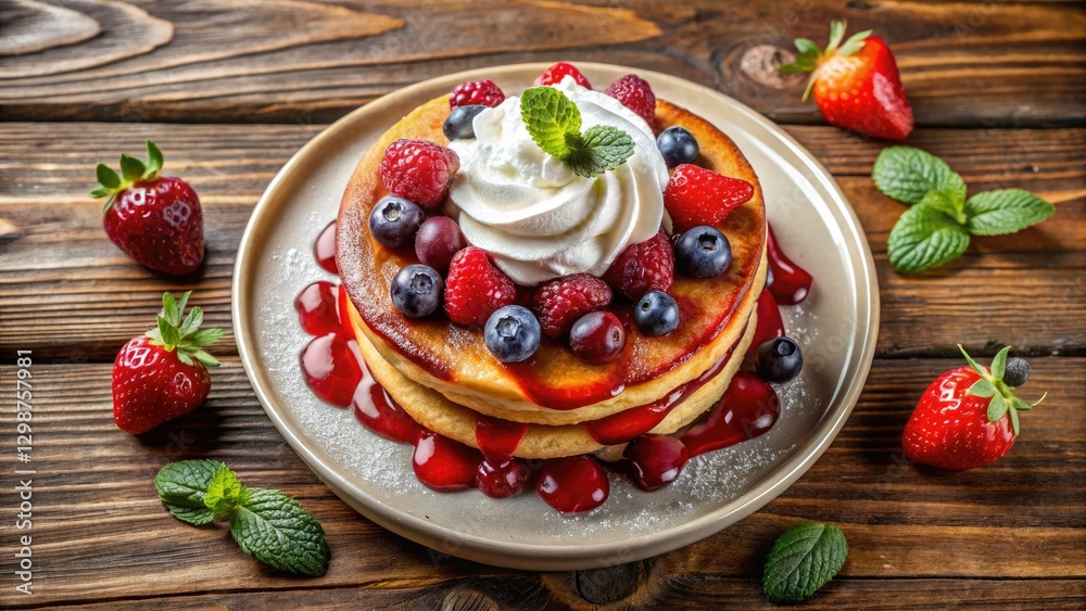 Atop a stack of fluffy pancakes: fresh berries, dollops of whipped cream, and a rich sauce. Atop a stack of fluffy pancakes: fresh berries, dollops of whipped cream, and a rich sauce.