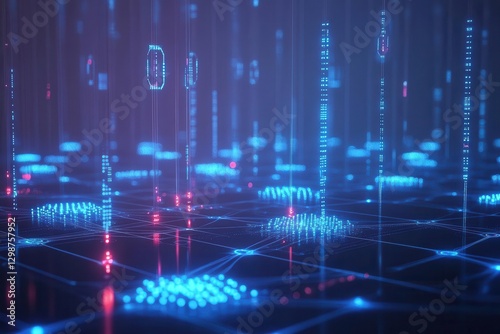 a digital network visualization showing data packets flowing between cloud servers, with glowing blue connection lines and floating holographic displays showing synchronization status in real-time