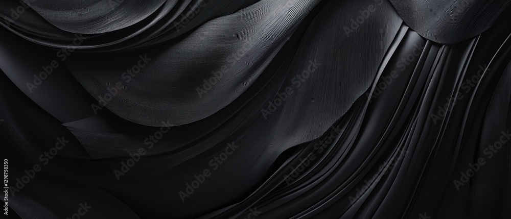 Obraz premium Abstract black fabric texture with smooth waves, elegant drapery background, luxurious textile design for fashion, art, advertising, and creative projects.