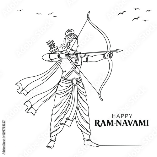 Lord Rama with bow arrow with English text meaning Happy Ram Navami celebration background for religious holiday of India. Eps10