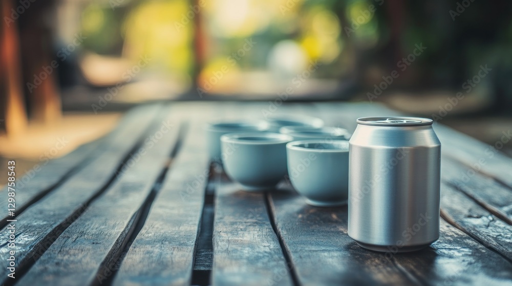 Silver can and teacups on rustic wooden table outdoors. Silver can and teacups on rustic wooden table outdoors.