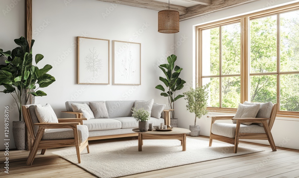 Modern living room interior design with natural light, plants, minimalist furniture, and wooden decor in a bright and airy atmosphere Modern living room interior design with natural light, plants, minimalist furniture, and wooden decor in a bright and airy atmosphere