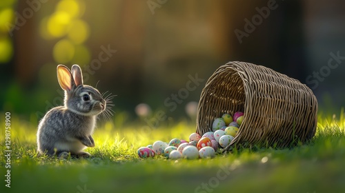 Neugieriger Hase betrachtet den Osterkorb. Sonnige Frühlingswiese als Kulisse.