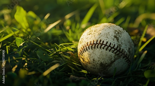 Vintage White Baseball on Green Grass Background for Sports Enthusiasts