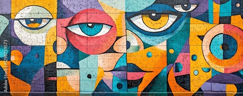 Street art mural with vibrant, interconnected characters representing unity and community harmony, colorful urban setting on a large wall