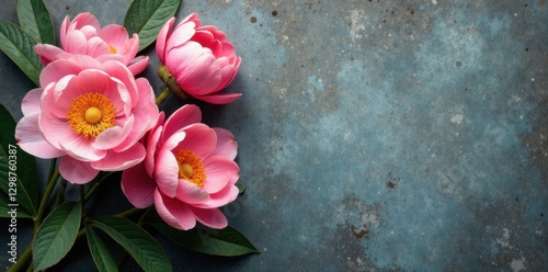 Fototapeta Naklejka Na Ścianę i Meble -  Sepia peony blooms, textured concrete backdrop, peony, grey, monochrome