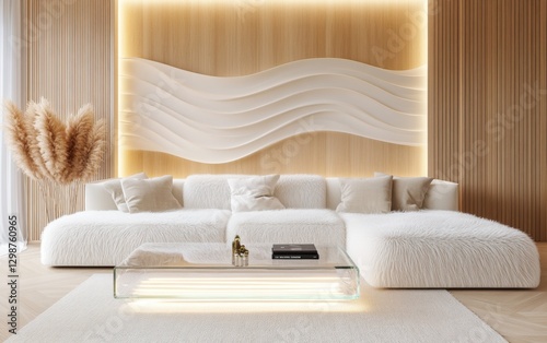 Minimalist cozy living room, oversized fluffy white faux fur sofa, sculptural light oak accent wall with wave like carvings, floating transparent glass photo