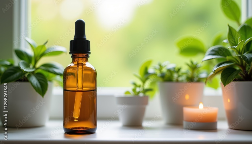 Vitamin B12 dropper bottle on windowsill with green plants, natural wellness Vitamin B12 dropper bottle on windowsill with green plants, natural wellness