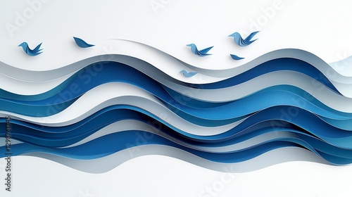 Abstract paper waves with origami birds