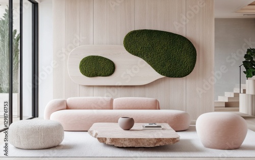 Soft Scandinavian living room, oversized blush pink faux fur sofa, sculptural wooden accent wall with live edge moss inserts, floating travertine coffee