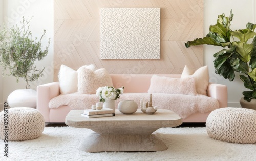 Soft Scandinavian living room, oversized blush pink faux fur sofa, sculptural wooden accent wall with mosaic pattern, floating travertine coffee table