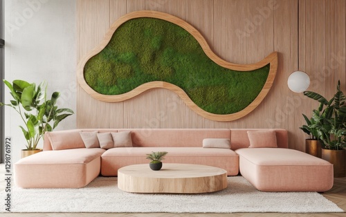 Soft Scandinavian living room, oversized blush pink faux fur sofa, sculptural wooden and moss mosaic accent wall with curved details, floating travertine