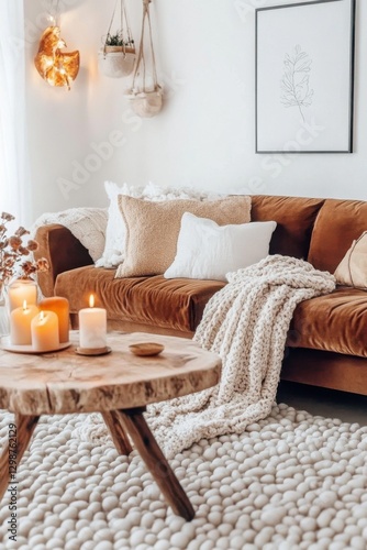 Warm inviting living room, deep coffee brown velvet sofa draped with chunky knit wool throw, floating wooden coffee table, sculptural ceramic decor