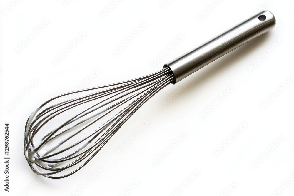 sleek silver whisk mixing batter against a white background glossy metal catching soft light creamy swirls below modern and culinary precision sleek silver whisk mixing batter against a white background glossy metal catching soft light creamy swirls below modern and culinary precision
