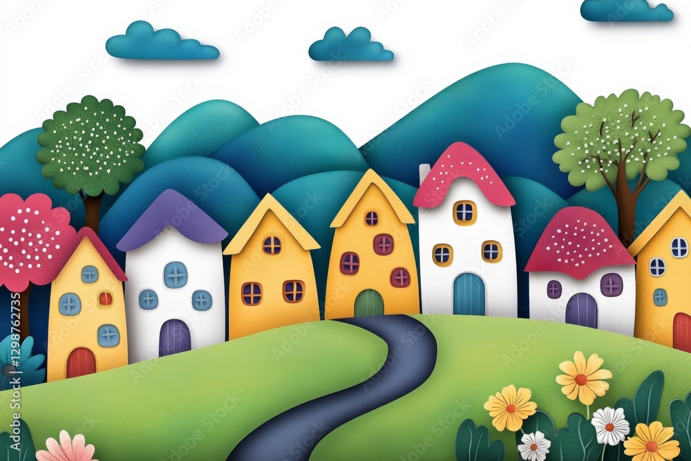 Fototapeta premium A clean vector-style image of a tiny village with a single winding road