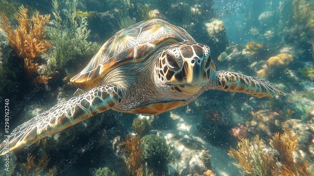 Obraz premium Turtle swims gracefully through coral reef, ocean floor, sunlit water and marine life backdrop
