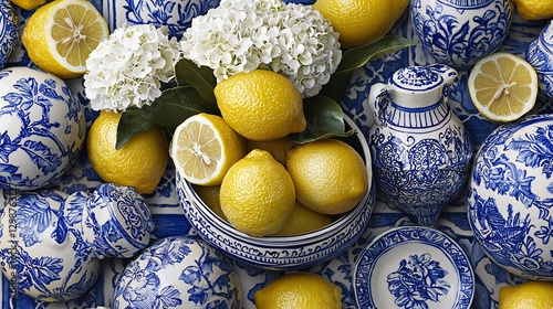 Lemons, hydrangeas, blue pottery bowls.  Food photography