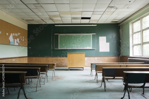 Sunlight streams through cracked blinds, casting long shadows over rows of empty desks in a forgotten classroom, where echoes of knowledge once filled the air but now fade into silence.