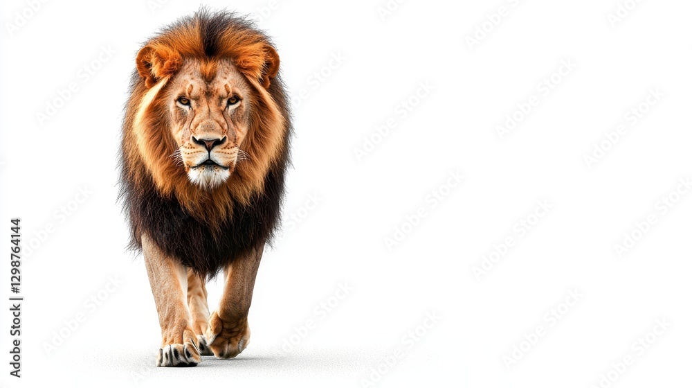 Fototapeta premium Lion walking head on, on a white background for an advertising campaign or educational purposes