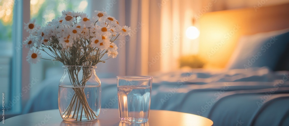 Fototapeta premium Calm Bedroom with Glass of Water on Nightstand
